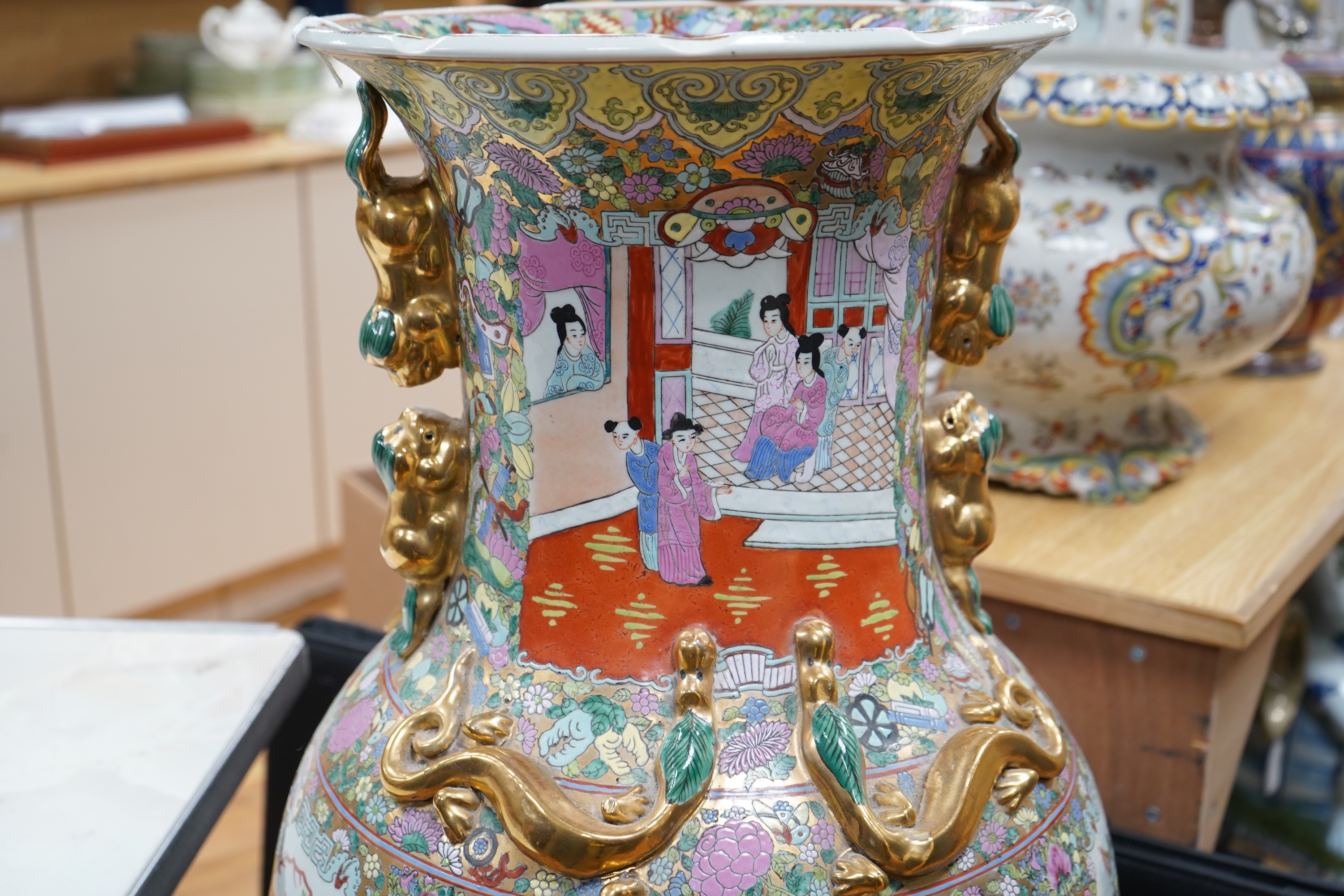 A large Chinese famille rose vase on stand, 118cm high including stand.